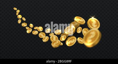 Monete d'oro volanti. Moneta d'oro pioggia isolata. Illustrazione vettoriale in 3d vincitrice di jackpot. Monete d'oro in denaro, jackpot d'oro o guadagni Illustrazione Vettoriale