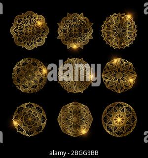 Set di mandala di fiori dorati lucido isolato su sfondo nero. Illustrazione vettoriale Illustrazione Vettoriale