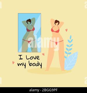 Amo il mio corpo. Personaggio femminile Plus Size in Red Bikini ammira se stesso in piedi a Big Mirror su sfondo giallo con erbe. Corpo positivo, Amore Illustrazione Vettoriale