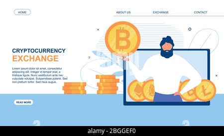 Landing Page Pubblicità con l'applicazione di scambio di crittocurrency. Man Advisor su PC Monitor che offre Bitcoin per dollari piattaforma di scambio. Software per dispositivi mobili Illustrazione Vettoriale