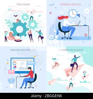 Set flat card per il flusso di lavoro aziendale. Processo di lavoro, lavoro di squadra, analisi e statistica, lettera di inoltro al successo. Gestione dei progetti, Office Communi Illustrazione Vettoriale