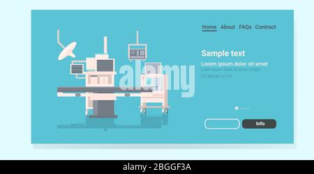 tavolo operatorio ospedaliero e dispositivi medici moderna apparecchiatura della sala operatoria terapia intensiva procedure chirurgiche concetto orizzontale spazio copia illustrazione vettoriale Illustrazione Vettoriale