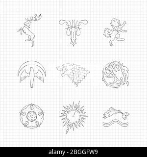 Matita disegno linea araldica animali gioco troni simboli. Illustrazione vettoriale Illustrazione Vettoriale