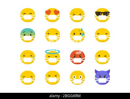Set di emoticon con maschere chirurgiche protettive, emoji isolato su sfondo bianco, illustrazione vettoriale piatta Illustrazione Vettoriale