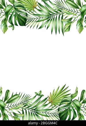 Banner tropicale acquerello. Cornice verticale con foglie di palma e mostera, posizionare per il testo. Modello di scheda A5 dipinto a mano. Botanico realistico Foto Stock