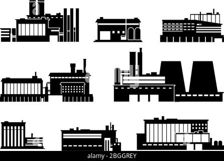 Fabbrica, potenza e produzione pianta icone silhouette nera isolato. Simboli vettoriali di settore pesante. Illustrazione di fabbrica di edilizia industriale Illustrazione Vettoriale