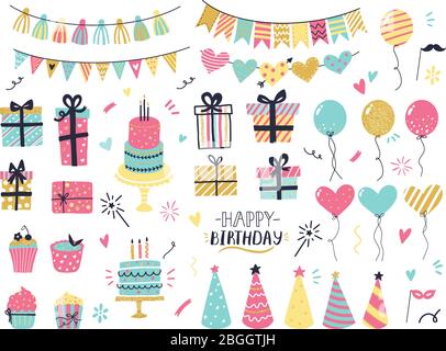 Festa elementi disegnati a mano. Biglietto d'auguri per il compleanno, palloncini, ghirlande, cupcake, confetti e torte. Vettore dei biglietti di auguri Illustrazione Vettoriale