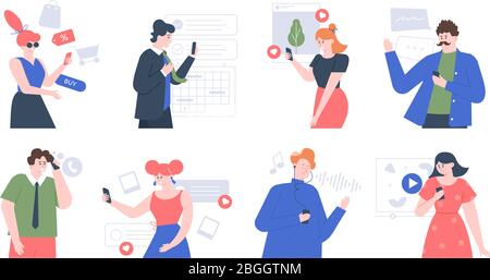 Gli utenti utilizzano gli smartphone. Personaggi che parlano, prendono selfie e ascoltano musica utilizzando smartphone, uomini e donne che detengono gadget digitali portatili Illustrazione Vettoriale