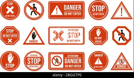 Segnaletica di stop. Non entrare, segnale stradale di avvertimento. Stop, nessuna ammissione, carattere proibitivo strada guida indicazioni vettore isolato icona Illustrazione Vettoriale