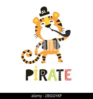 Animali africani. Fumetto adorabile pirata della tigre. Illustrazione Vettoriale