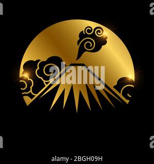 Vulcano con nuvole nero e icona dorata. Illustrazione di eruzione vettoriale isolata Illustrazione Vettoriale