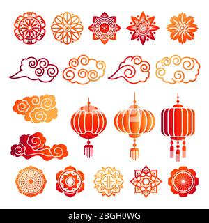 Collezione di elementi decorativi asiatici. Icone Vector giapponese, cinese, coreano luminose isolate su sfondo bianco Illustrazione Vettoriale
