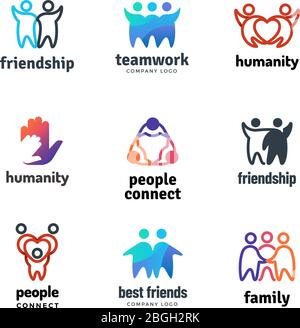 Amicizia comunità amichevole team persone insieme cooperazione vettore logo set. Illustrazione del lavoro di squadra e della partnership, insieme icone di unità Illustrazione Vettoriale