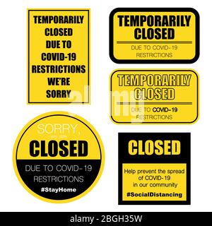 Segni gialli temporaneamente chiusi per la situazione pandemica di coronavirus Illustrazione Vettoriale
