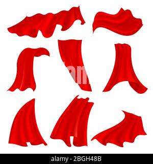 Realistico tessuto satinato rosso ondoso isolato su sfondo trasparente. Set di tende a scarlatto in tessuto fluttering. Illustrazione del materiale liscio in tessuto rosso, seta e satinato Illustrazione Vettoriale