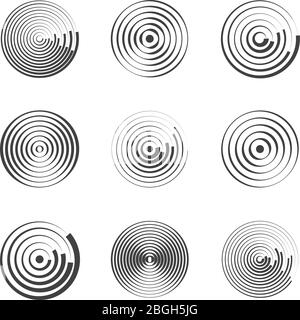 Cerchi concentrici astratti motivi vettoriali geometrici. Forme circolari e onde rotonde. Anelli con linee radiali. Schema radiale circolare, illustrazione epicentro dell'anello Illustrazione Vettoriale