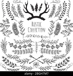 Rami vintage disegnati a mano, corna cornici, piume, frecce. Elementi decorativi floreali rustici emblema di nozze vettoriale. Freccia ramo floreale, vintage foglia disegnata a mano illustrazione Illustrazione Vettoriale