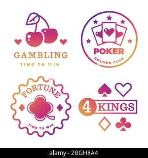 Gioco d'azzardo brillante, casinò, torneo reale di poker, roulette etichette vettoriali isolato su sfondo bianco illustrazione Illustrazione Vettoriale