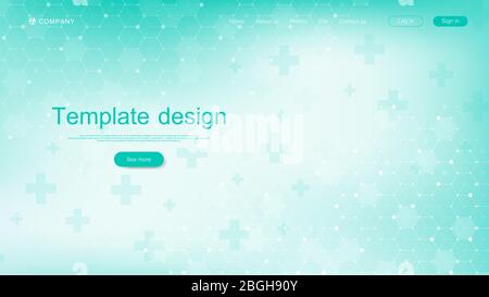 Progettazione di modelli di landing page per uso medico. Sottrarre il background scientifico con gli esagoni. Modello di innovazione. Illustrazione vettoriale Illustrazione Vettoriale