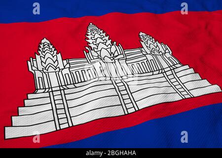 Primo piano su un'onda di bandiera cambogiana nel rendering 3D. Foto Stock