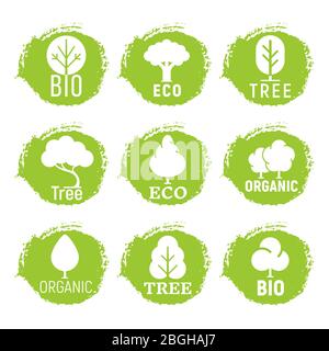 Eco-friendly, biologico, logo di albero su sfondo verde grunge. Natura vettoriale simbolo ecologia dell'illustrazione del set Illustrazione Vettoriale