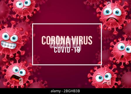 Fondo vettore del virus Corona covid-19. Sfondo del virus Corona con emoticon e emoticon covid-19 e testo in spazi vuoti rossi. Illustrazione vettoriale. Illustrazione Vettoriale