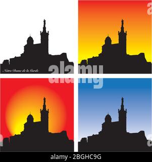 Silhouette di Notre Dame de la Garde a Marsiglia, Francia Illustrazione Vettoriale