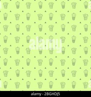 Verde pastello modello senza cuciture con piante in vaso cactus, succulenti e triangoli semplici in stile doodle isolato su sfondo verde.contorno vettoriale Illustrazione Vettoriale