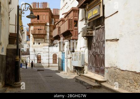 Al-Balad, la zona storica di Jeddah, Arabia Saudita. Streetscene. Foto Stock