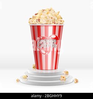 Popcorn da cibo cinematografico in una ciotola monouso sul piedistallo. Popcorn vettoriale realistico su piedistallo 3d. Illustrazione pop corn, mais nella scatola dello snack al cinema Illustrazione Vettoriale