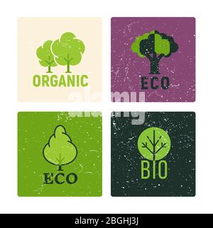 Etichette ecologiche e organiche di set design vettoriale con illustrazione di elementi a grunge Illustrazione Vettoriale