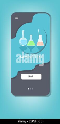 provette con diversi liquidi apparecchiature per vetreria da laboratorio medico per esperimenti chimici schermo per smartphone online app mobile verticale spazio di copia illustrazione vettoriale Illustrazione Vettoriale