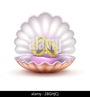 Anelli Reaistic Golden Wedding in conchiglia isolati su sfondo bianco. Per sposare il concetto di vettore. Illustrazione di fidanzamento e romanticismo, dono in guscio Illustrazione Vettoriale