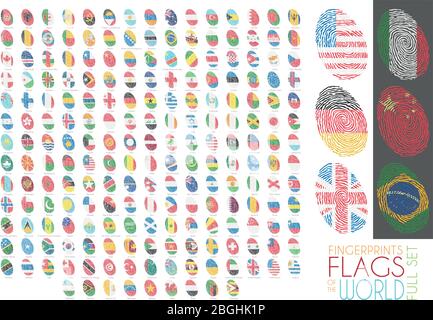 Set di 204 impronte digitali colorate con le bandiere nazionali di tutti i paesi del mondo. Illustrazione di Icon Set Vector (Imposta vettore). Illustrazione Vettoriale