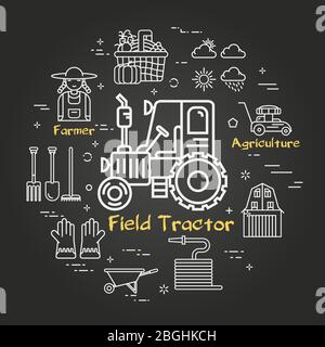 Vettoriale lineare nero giardinaggio e agricoltura - trattore da campo Illustrazione Vettoriale