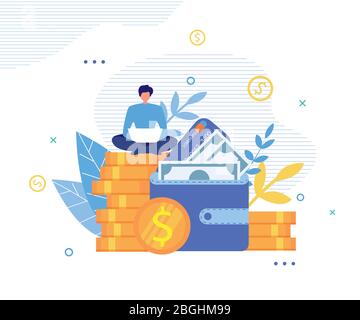 Happy Man Make Money Online sul poster metafora notebook. Ragazzo seduto su Big Coins pile vicino a enorme portafoglio con banconote e carte di credito funziona sul laptop. Illustrazione Vettoriale