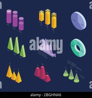 Grafici isometrici di dati statistici aziendali 3d, diagrammi percentuali per una presentazione moderna. Elementi infografici vettoriali isolati. Grafico e infografica, grafico statistico delle colonne Illustrazione Vettoriale