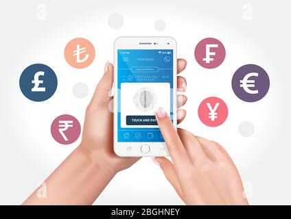Grafica vettoriale che mostra le mani che tengono uno smartphone con un'applicazione di banking con impronte digitali. Illustrazione Vettoriale