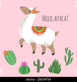 Fiero lama e cactus impressionanti - hello alpaca scheda design. Vettore verde cactus e lama animale, alpaca illustrazione della fauna selvatica Illustrazione Vettoriale