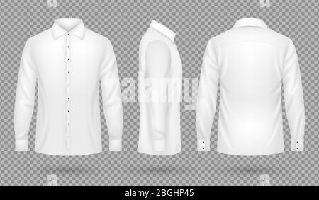 Camicia bianca da uomo con maniche lunghe davanti, lateralmente e dietro. Modello vettoriale realistico isolato. Camicia uomo bianco, vista abbigliamento cotone. Illustrazione vettoriale Illustrazione Vettoriale