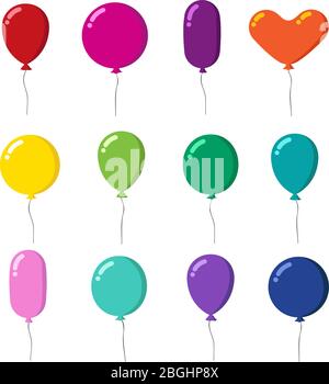 Palloncini volanti in gomma colorata con vettore a stringa isolato su sfondo bianco. Illustrazione palloncino colorato con elio per il regalo di festa Illustrazione Vettoriale