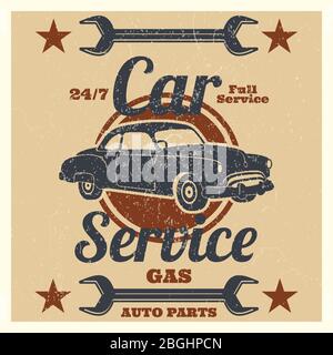 Logo Vintage Car Service - cartello riparazione auto. Illustrazione vettoriale Illustrazione Vettoriale