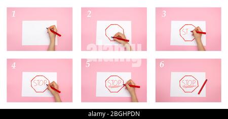 Disegno passo a passo, SEGNALE DI ARRESTO della strada. Foto Stock