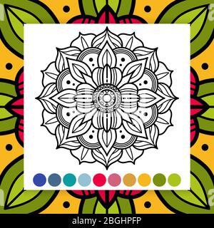 Mandala orientale fiore. Pagina di colorazione per adulti antistress con campione di colore. Illustrazione vettoriale Illustrazione Vettoriale