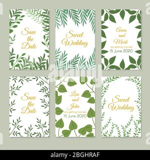 Romantico matrimonio invito carte con verde decorazione giardino, foglie e rami. Set vettoriale primavera floreale. Poster floreale foglia, natura ramo pianta illustrazione Illustrazione Vettoriale