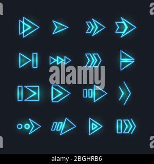 Frecce al neon direzionali. Puntatori, freccia di orientamento con effetto luminosità. Elementi vettoriali futuristici dell'interfaccia hud. Colore elettrico luminoso illuminato vintage freccia illustrazione Illustrazione Vettoriale