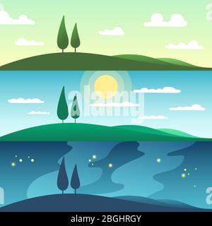 Bellissimo paesaggio estivo in diversi momenti del giorno. Illustrazione vettoriale dei cartoni animati. Tramonto in natura, tempo mattina e sera Illustrazione Vettoriale