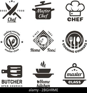 Etichette delle classi master di cucina. Emblemi del menu del ristorante o del caffè. Logo vettoriale chef isolato su sfondo bianco. Illustrazione del badge di cucina per la lezione di ristorante Illustrazione Vettoriale