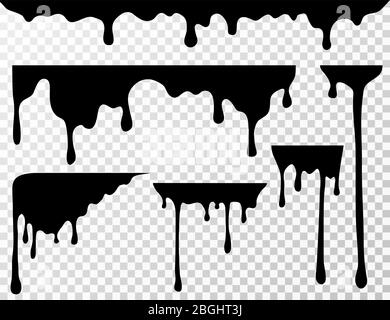 Macchie nere di olio gocciolante, gocciolamenti di liquido o silhouette di inchiostro vettoriale corrente di vernice isolate. Immagine di schizzi di inchiostro, gocce di spruzzi Illustrazione Vettoriale