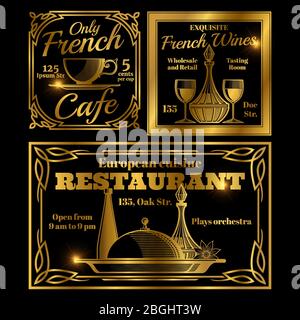 Golden french and european cafe, modello etichette ristorante. Illustrazione vettoriale Illustrazione Vettoriale